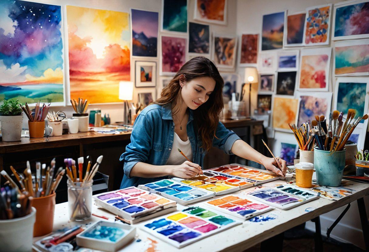 A vibrant, imaginative workspace filled with art supplies, including brushes, paints, and canvases. In the center, a person joyfully creating a colorful masterpiece, surrounded by various art techniques displayed visually. Soft, warm lighting illuminates the scene, sparking creativity and inspiration. A dreamy, whimsical atmosphere invites the viewer to explore their own artistic potential. watercolor painting. bright colors. ethereal background.