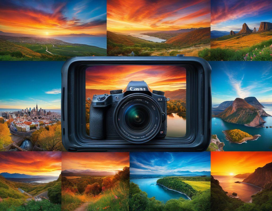 A creative montage showcasing various camera types, including a DSLR, mirrorless camera, and an action camera, positioned dynamically against a backdrop of stunning landscapes and cityscapes. Include elements like a photographer adjusting settings, capturing moments on the go, and vibrant colors to emphasize the excitement of photography. Incorporate artistic frames and lenses to accentuate the diversity of cameras. vibrant colors. dynamic composition. digital art.