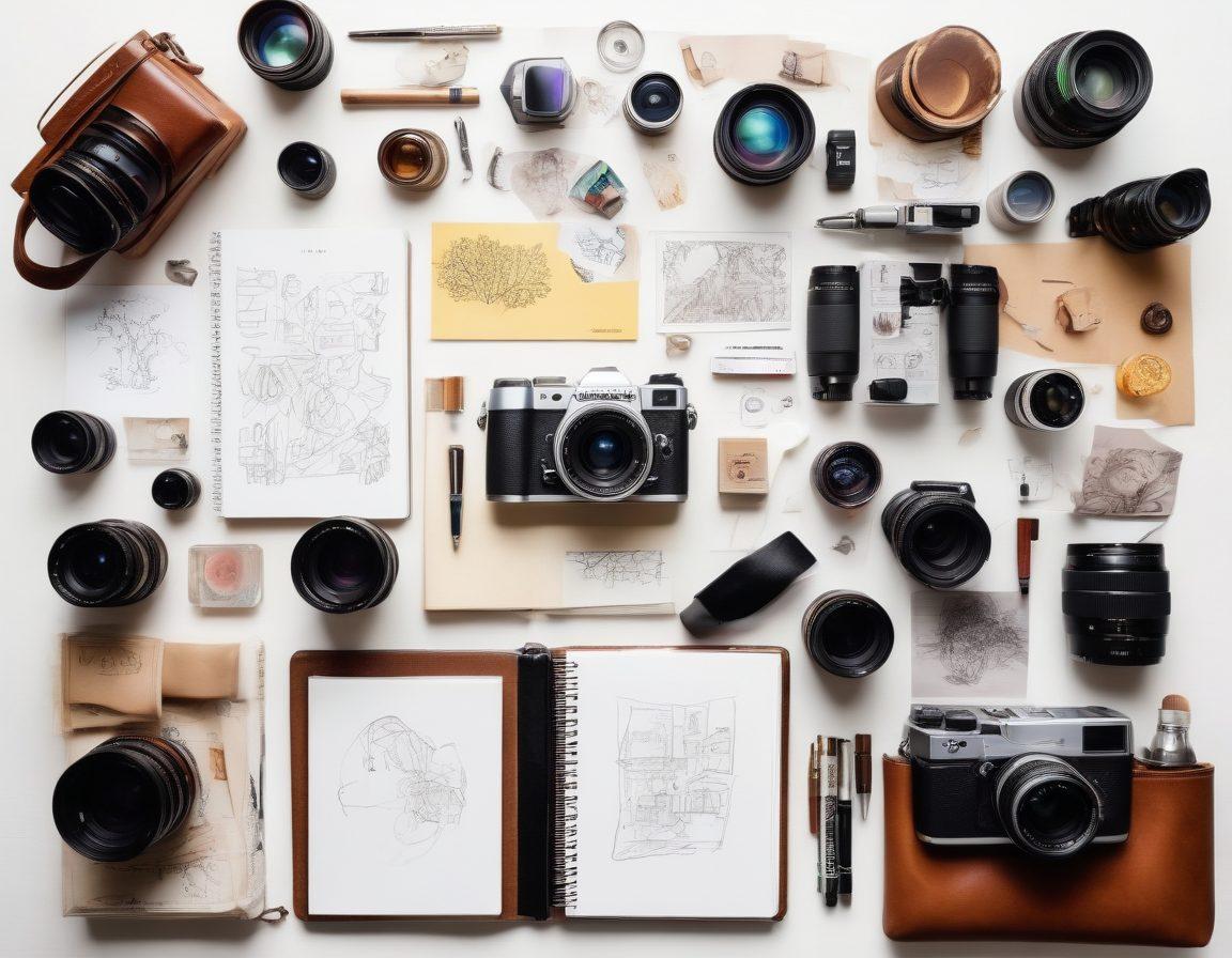 A captivating flat lay of essential photography gear, including a high-end camera, various lenses, and creative accessories, surrounded by vibrant sketches and a notepad filled with brainstorming ideas for photography. The background should be a rich wooden table that enhances the artistic feel. Include soft lighting that creates a warm, inviting atmosphere. super-realistic. vibrant colors. white background.